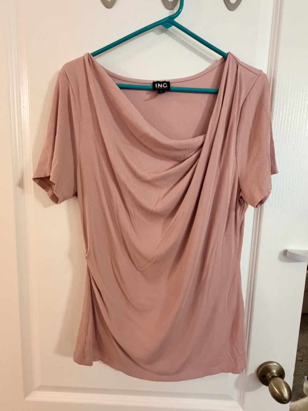 INC International Concepts Draped Neck Short Sleeve Top - Blush